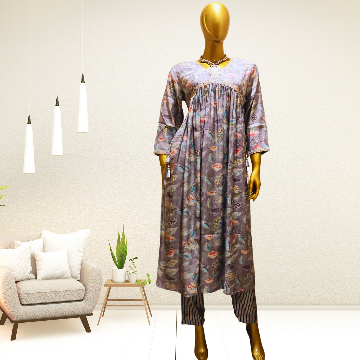 Chanderi Silk Aliya Cut Ethnic Wear Kurti Pant Dupatta Set