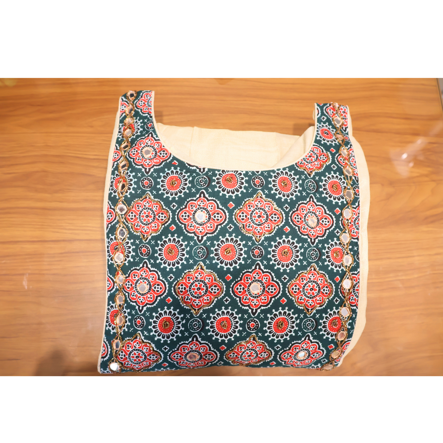 Golden Tissue Pleated Kurta with Contrast Color Blue Ajrakh Yoke with Mirrorwork