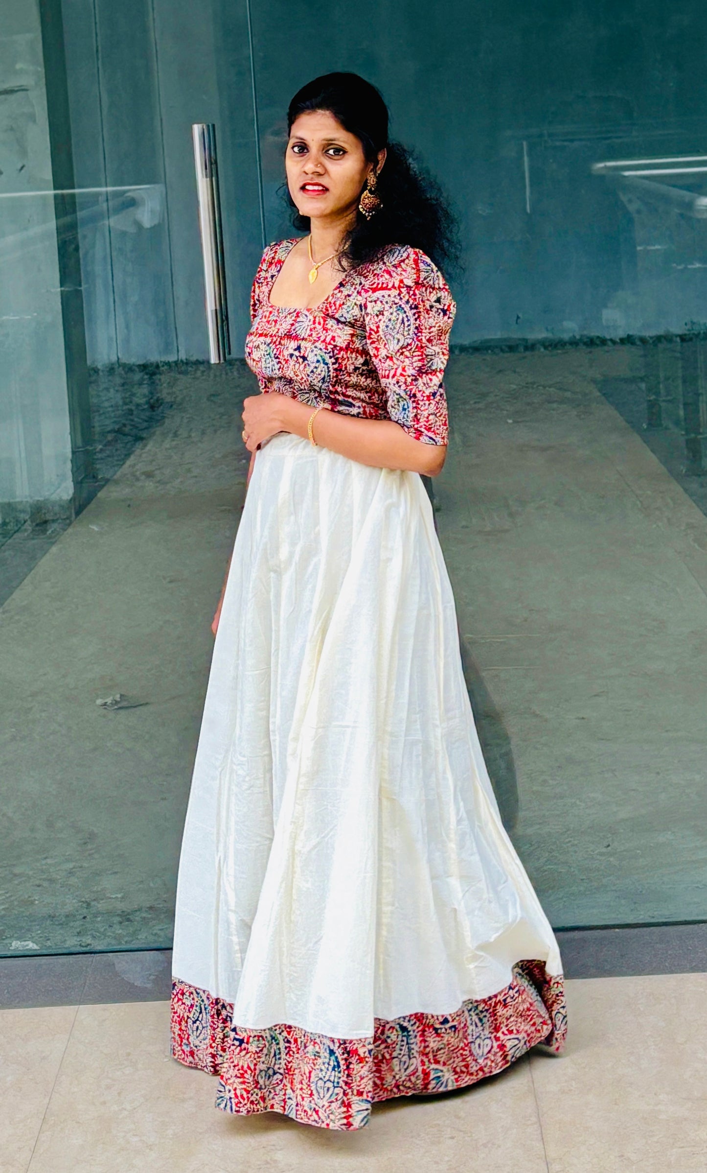Kalamkari Crop Top With Umbrella Skirt