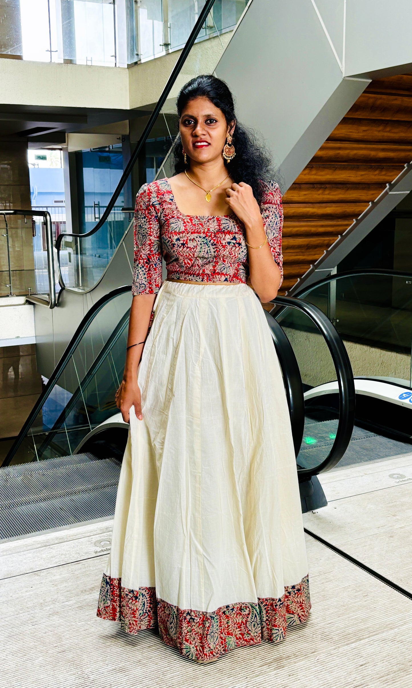 Kalamkari Crop Top With Umbrella Skirt