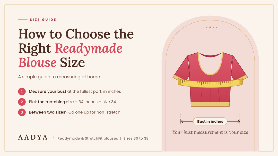 How to choose the right readymade blouse size - AADYA size guide showing how to measure the bust in inches