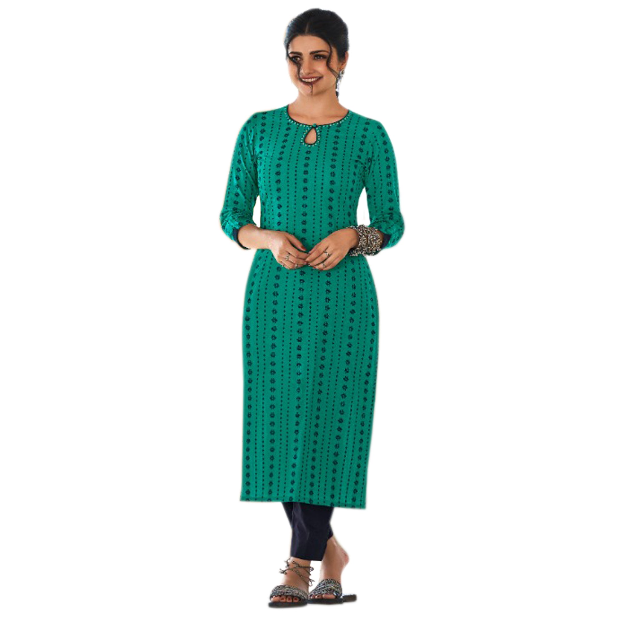 Hand Weaved Designer Round Neck Kurti with Pant – Aadya