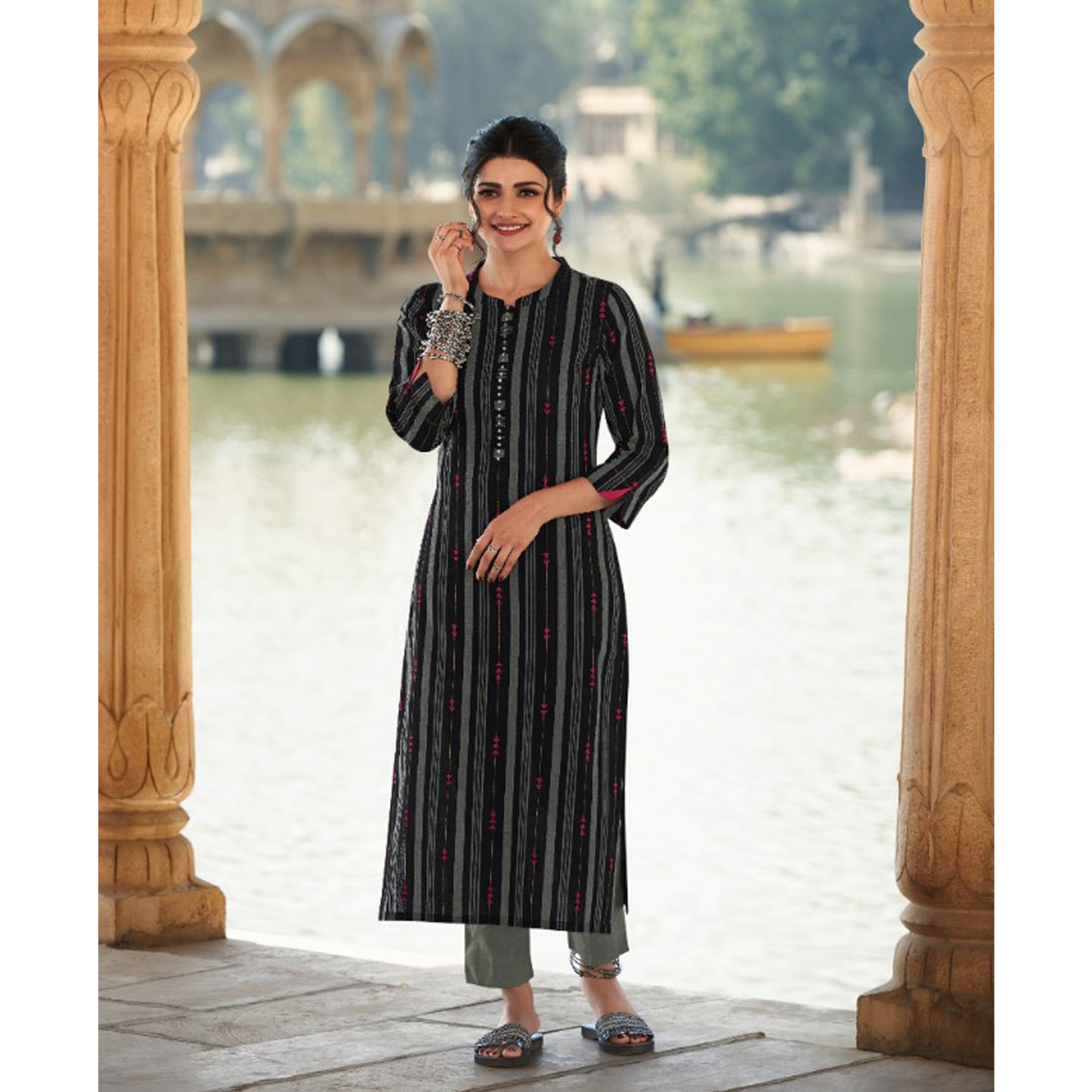 Hand Weaved Designer Round Neck Kurti with Pant