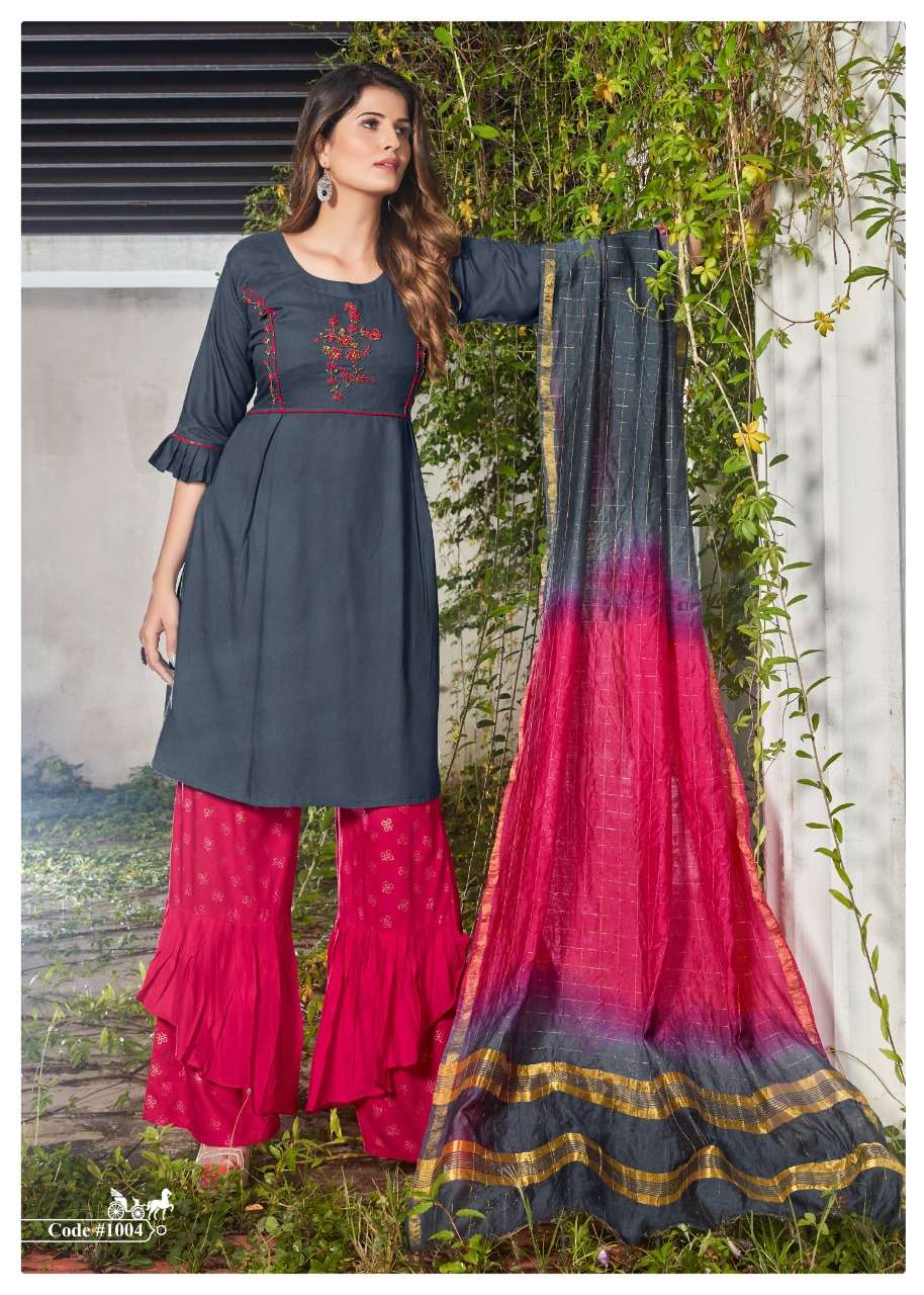 Hand Worked Kurti With Sharara And Dupatta