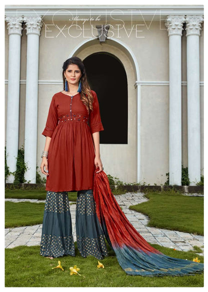 Hand Worked Kurti With Sharara And Dupatta