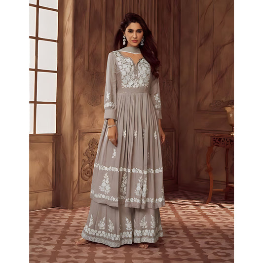 Chikankari Work Yoke Design Pleated Salwar & Flared Palazzo Set