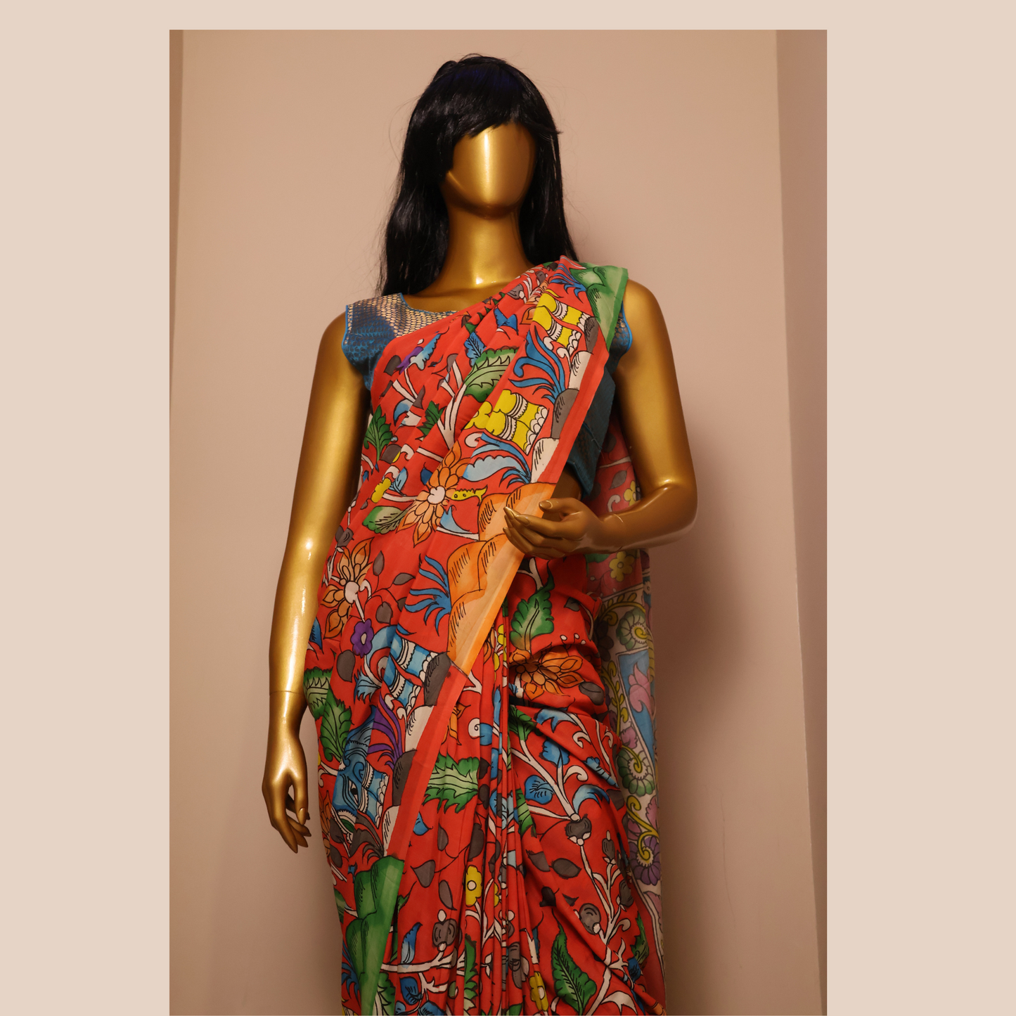 Hand Painted Pen Kalamkari Borderless Bangalore Silk Saree with Peacock motif in Pallu