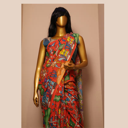 Hand Painted Pen Kalamkari Borderless Bangalore Silk Saree with Peacock motif in Pallu