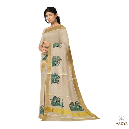 Kuthampully Golden Tissue Saree Krishna Radha Pattern