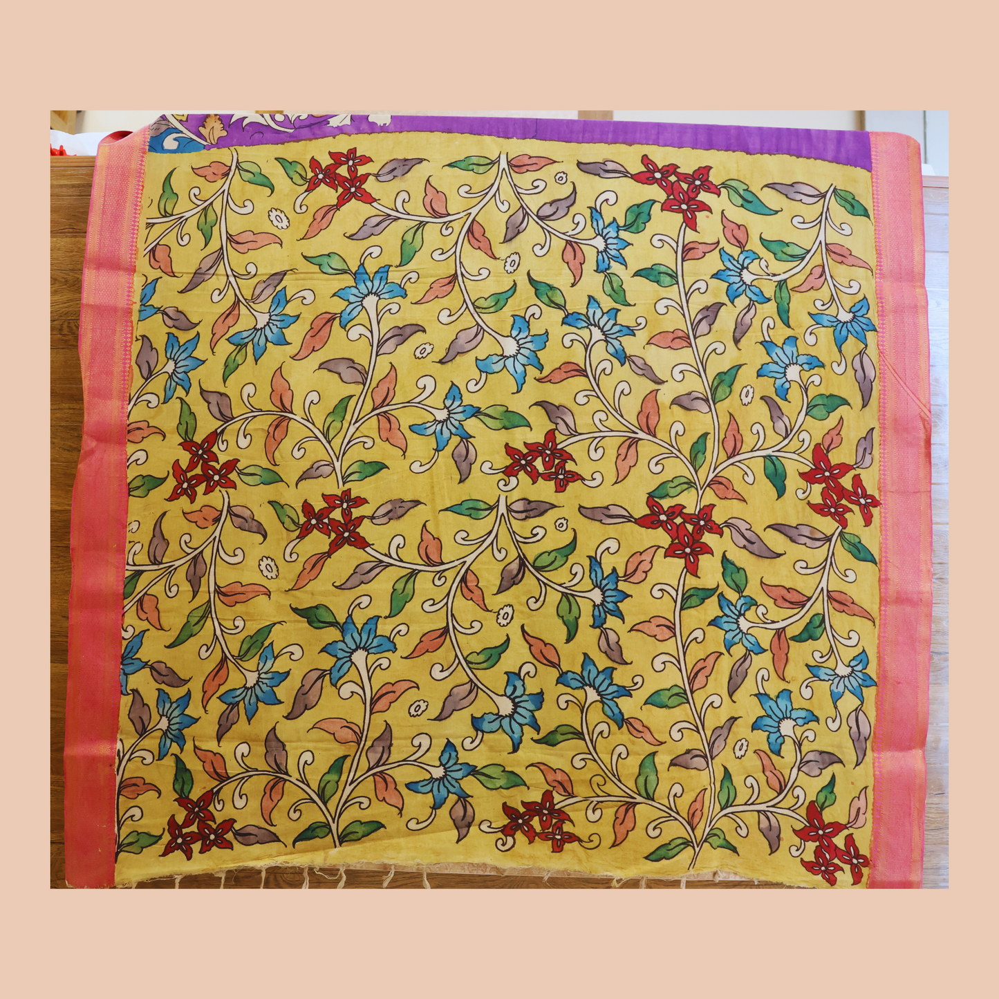 Hand Painted Pen Kalamkari Bangalore Silk floral Design Saree with Peacock motif in Pallu