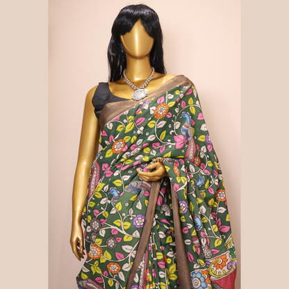 Hand Painted Pen Kalamkari Bangalore Silk Saree