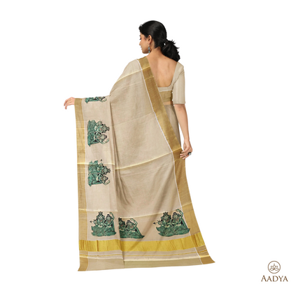 Kuthampully Golden Tissue Saree Krishna Radha Pattern