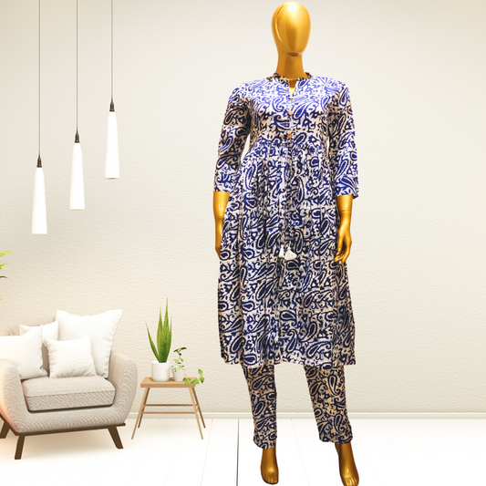 Indigo & White Cotton Printed Collar Neck Kurti with Straight Pant