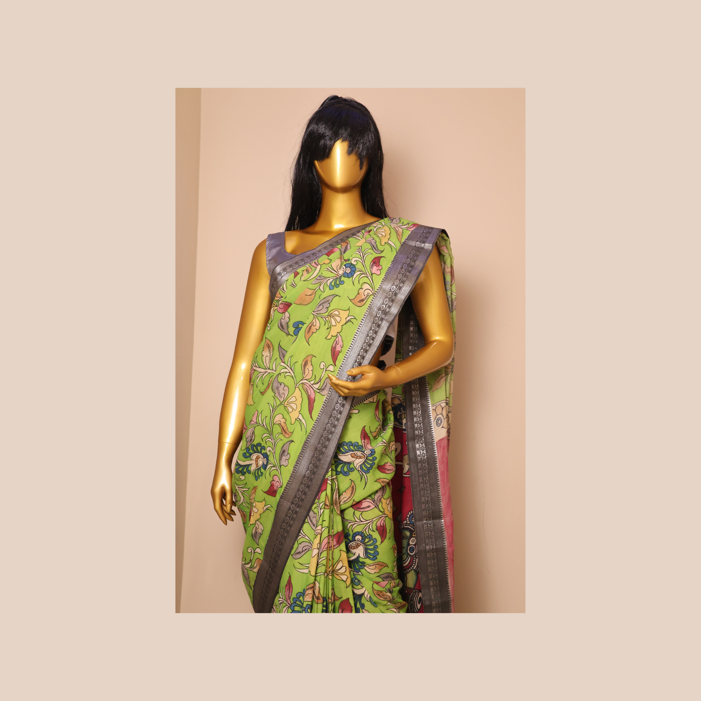 Hand Painted Pen Kalamkari Bangalore Silk floral Design Saree