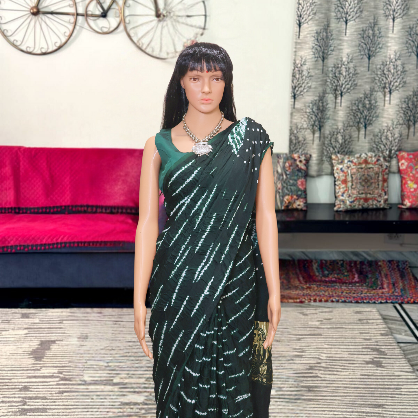 Dark Green Modal Slik Saree With Sibori Design