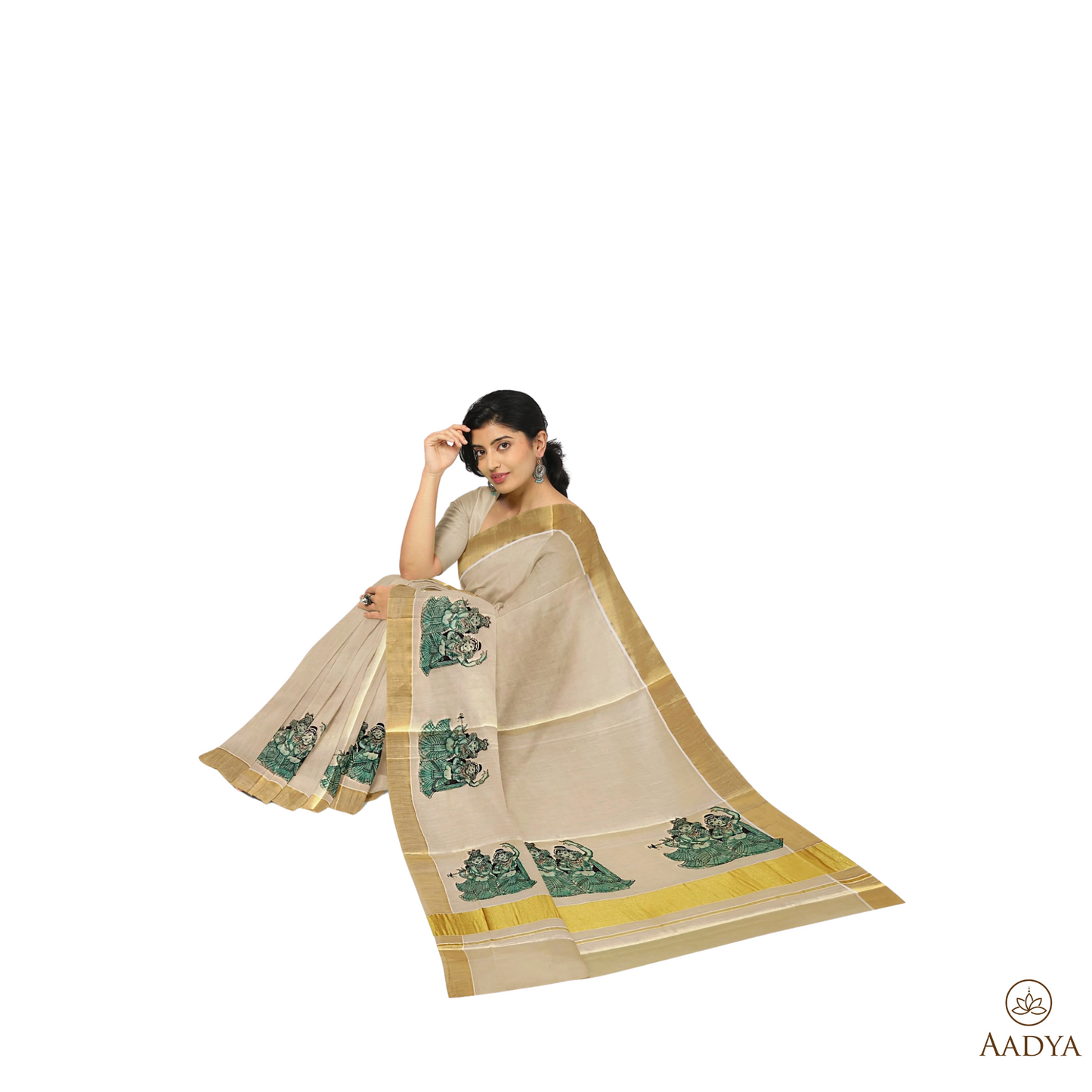 Kuthampully Golden Tissue Saree Krishna Radha Pattern