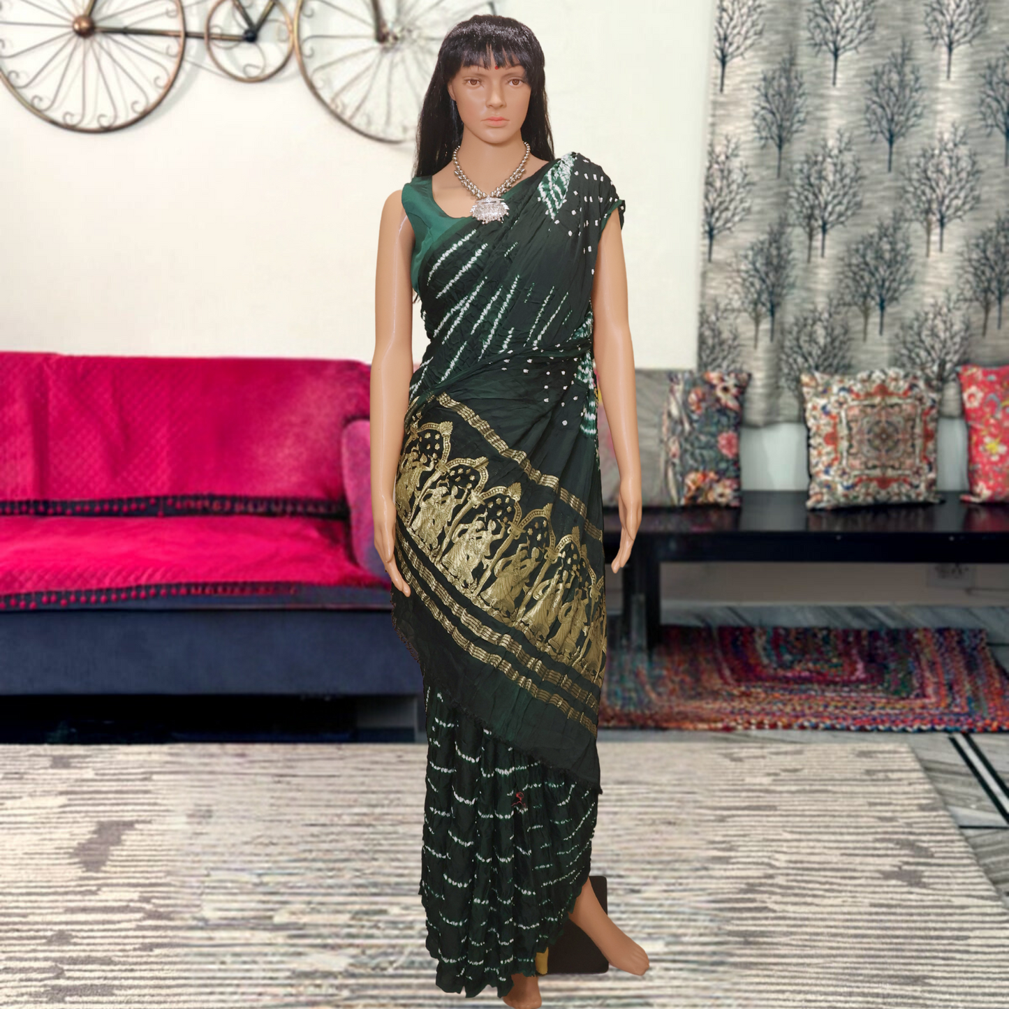 Dark Green Modal Slik Saree With Sibori Design