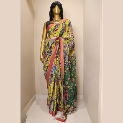 Hand Painted Pen Kalamkari Bangalore Silk Saree