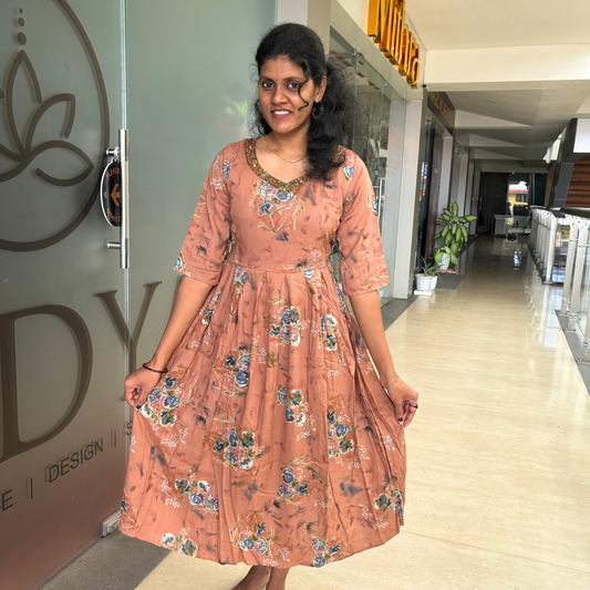 Floral Printed Pleated Kurta with Antique Beads Work