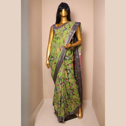 Hand Painted Pen Kalamkari Bangalore Silk floral Design Saree