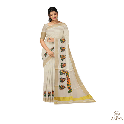 Kuthampully Golden Tissue Saree Krishna  Pattern