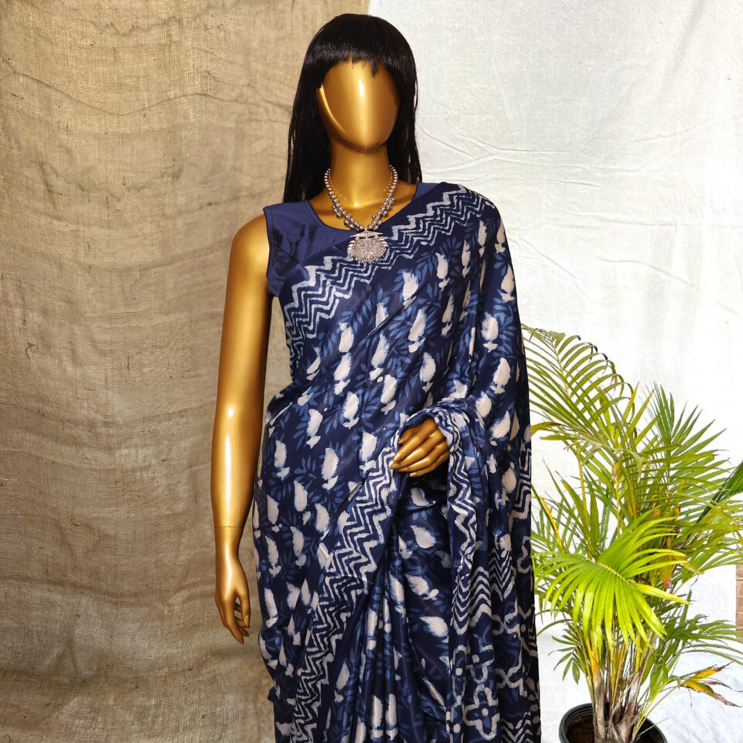 Modal  Silk Sarees - Indigo Hand Block Print