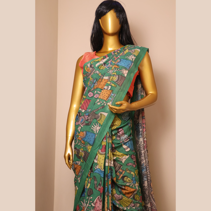 Hand Painted Pen Kalamkari Cotton  Saree with floral Design