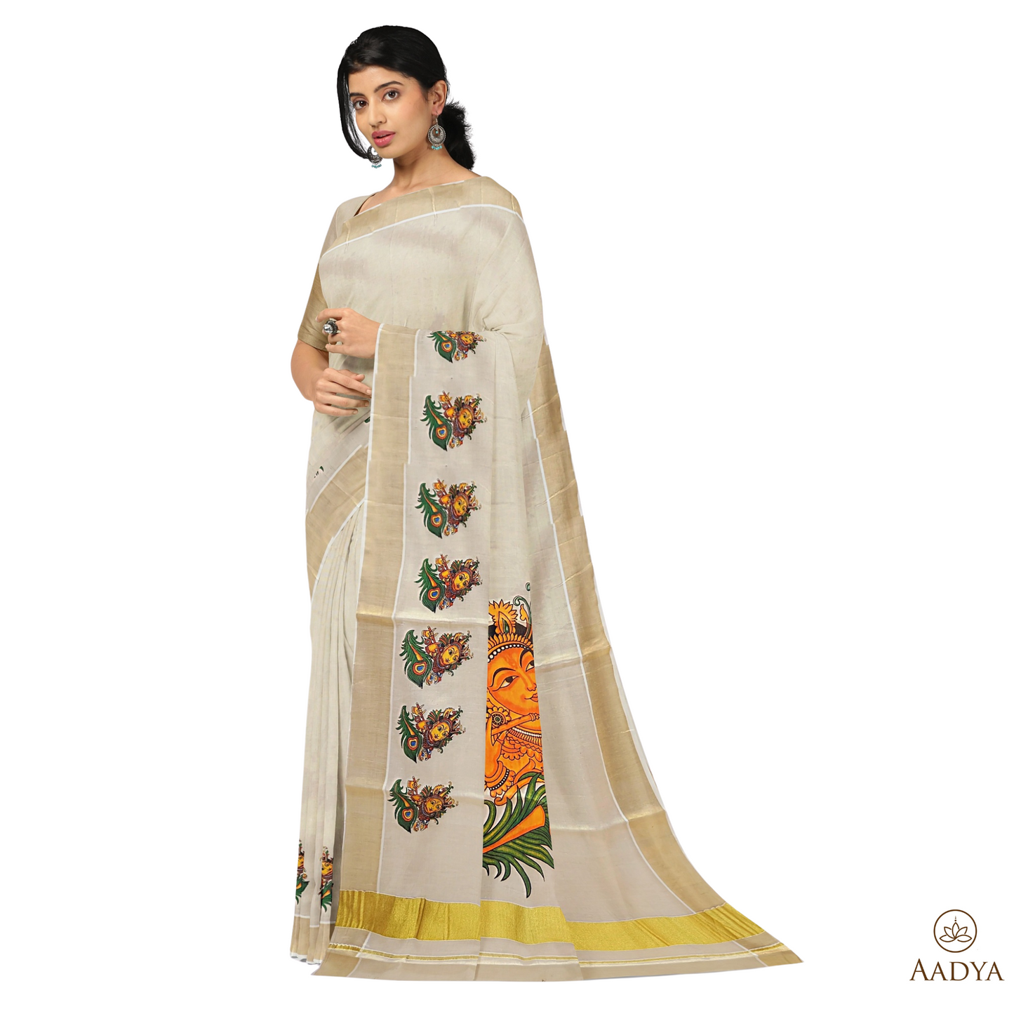 Kuthampully Golden Tissue Saree Krishna  Pattern