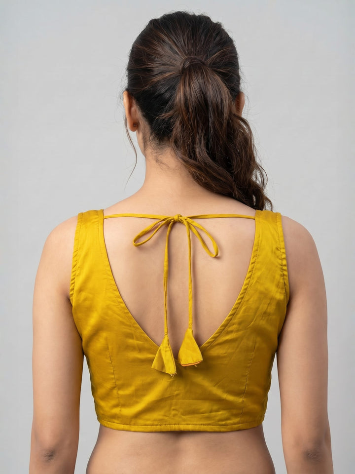 Mustard Yellow Cotton Silk Sleeveless Blouse with Deep Back