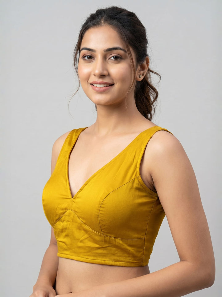 Mustard Yellow Cotton Silk Sleeveless Blouse with Deep Back