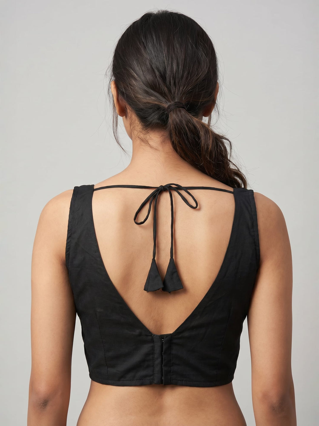 Classic Black Cotton Silk Sleeveless Blouse with Deep Back