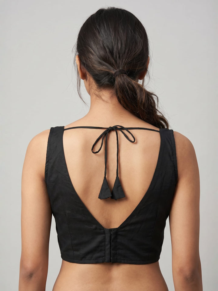 Classic Black Cotton Silk Sleeveless Blouse with Deep Back