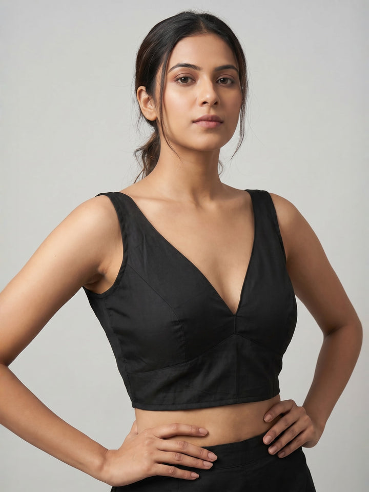 Classic Black Cotton Silk Sleeveless Blouse with Deep Back