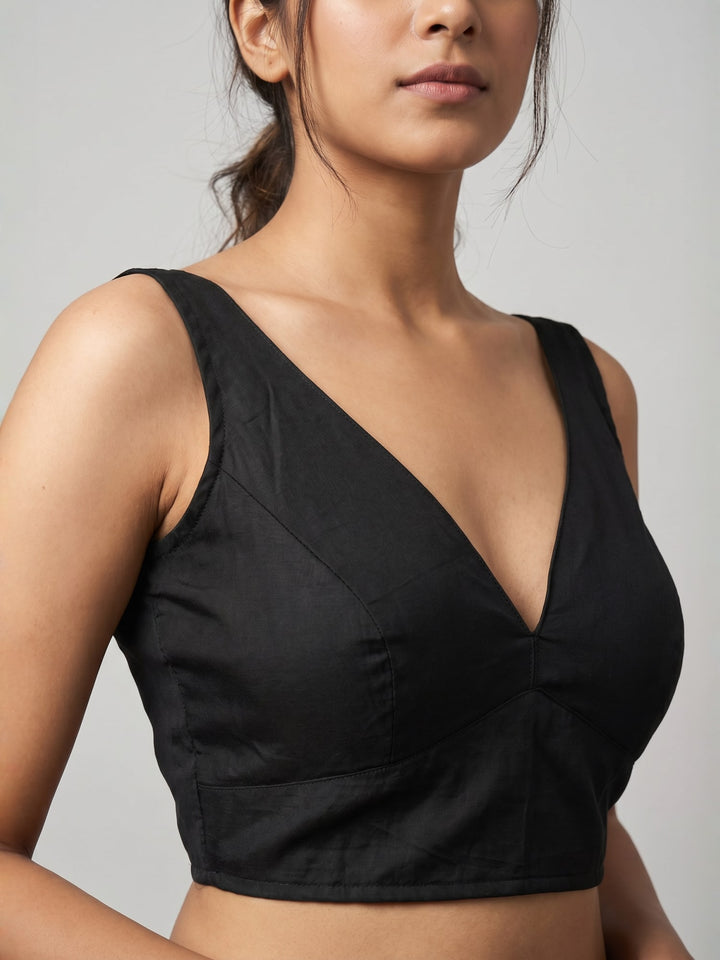 Classic Black Cotton Silk Sleeveless Blouse with Deep Back