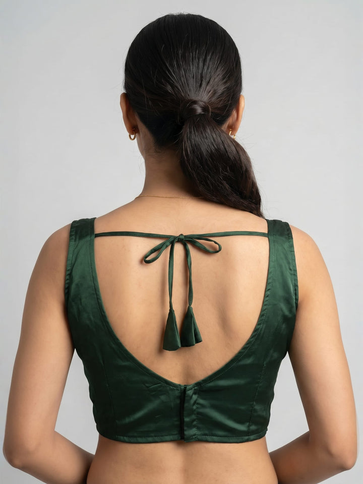 Emerald Green Cotton Silk Sleeveless Blouse with Deep Back
