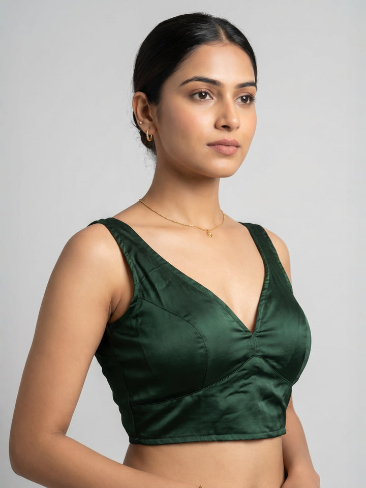 Emerald Green Cotton Silk Sleeveless Blouse with Deep Back