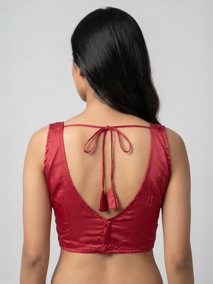 Classic Red Cotton Silk Sleeveless Blouse with Deep Back