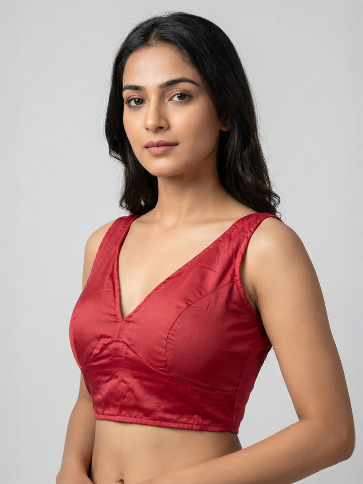 Classic Red Cotton Silk Sleeveless Blouse with Deep Back