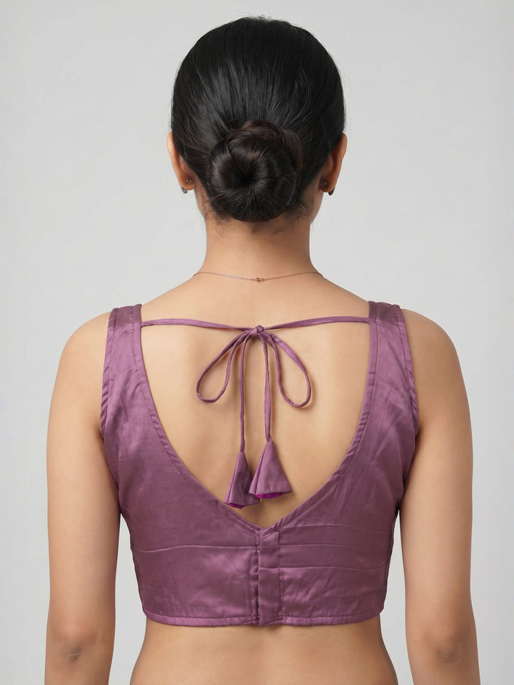 Plum Purple Cotton Silk Sleeveless Blouse with Deep Back