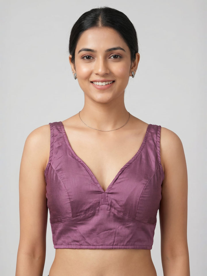 Plum Purple Cotton Silk Sleeveless Blouse with Deep Back