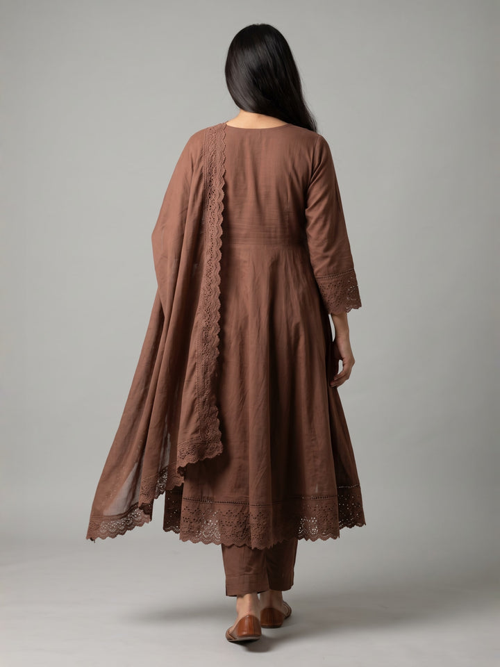 Brown Anarkali Kurta Set with Dupatta | Flared Kurta with Lace Detailing