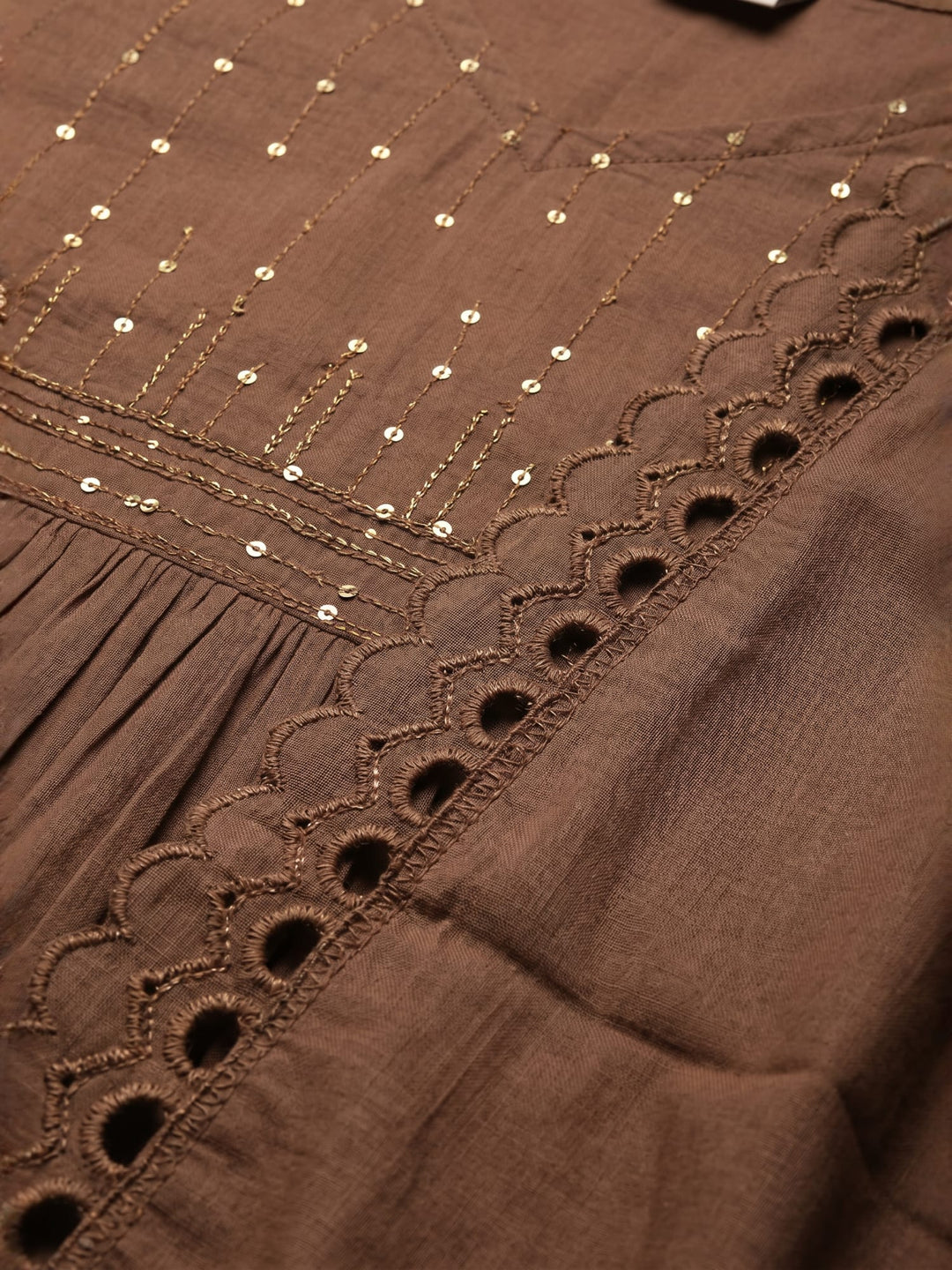 Brown Anarkali Kurta Set with Dupatta | Flared Kurta with Lace Detailing