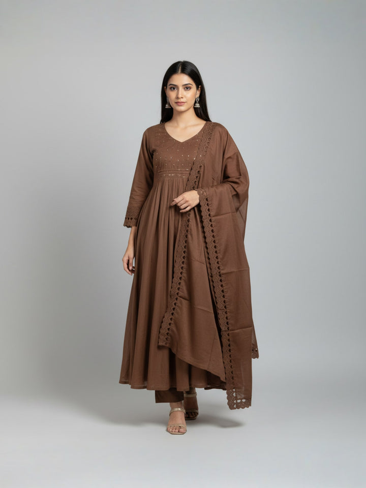 Brown Anarkali Kurta Set with Dupatta | Flared Kurta with Lace Detailing