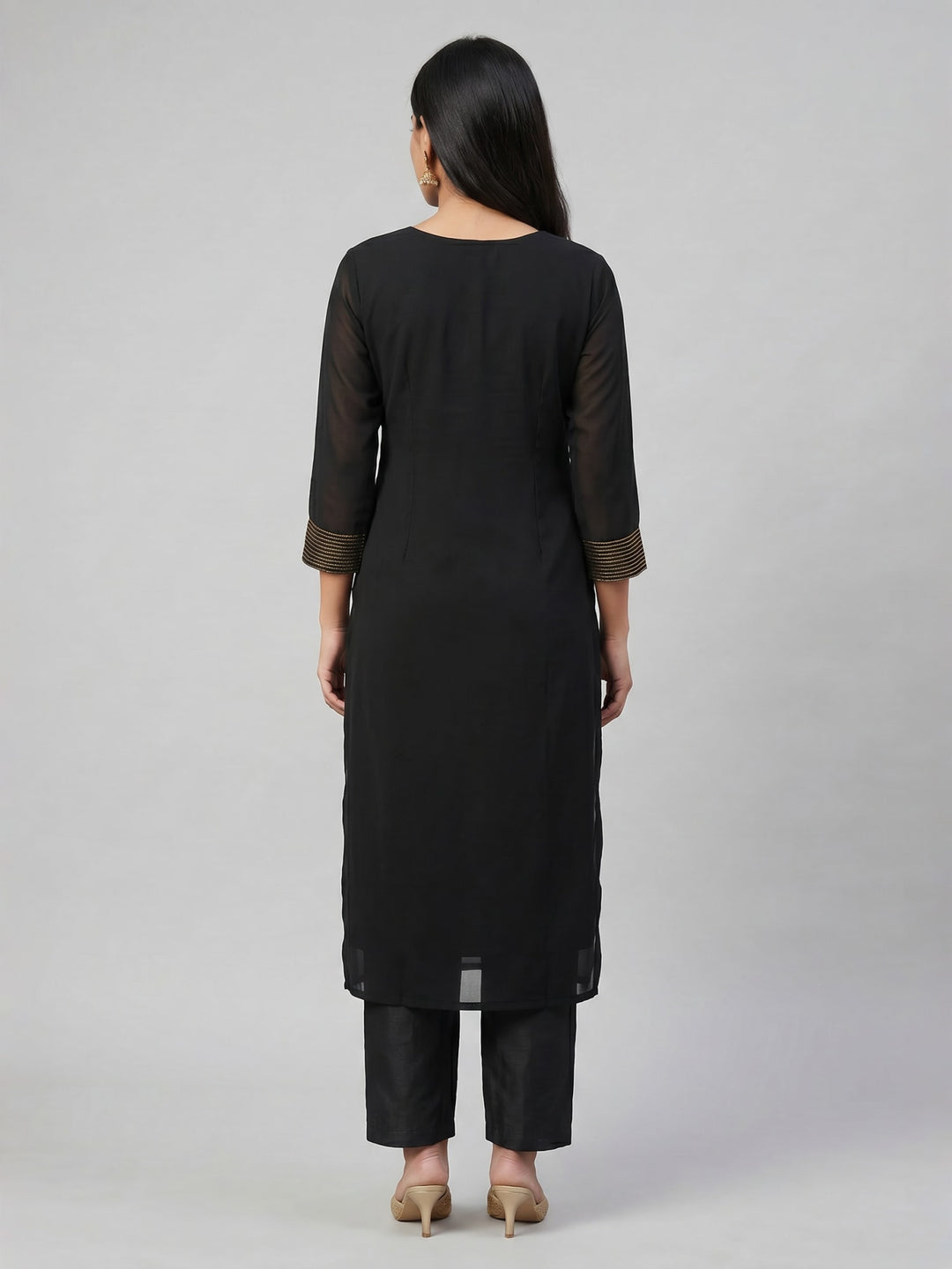 Black Straight Kurta Set with Gold Detailing | Elegant V-Neck Kurta with Pants