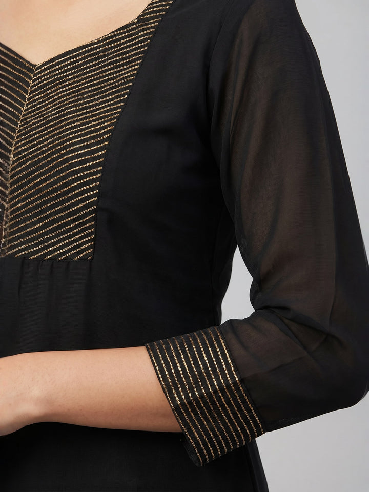 Black Straight Kurta Set with Gold Detailing | Elegant V-Neck Kurta with Pants