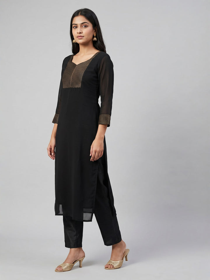 Black Straight Kurta Set with Gold Detailing | Elegant V-Neck Kurta with Pants