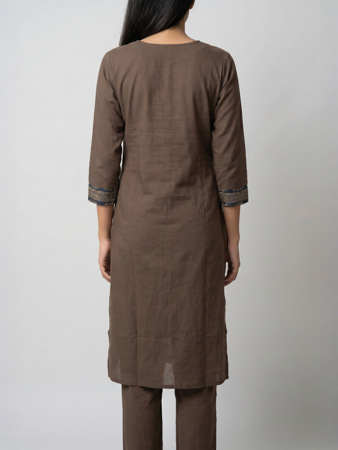 Brown Straight Kurta Set with Contrast Yoke | Round Neck Kurta with Pants
