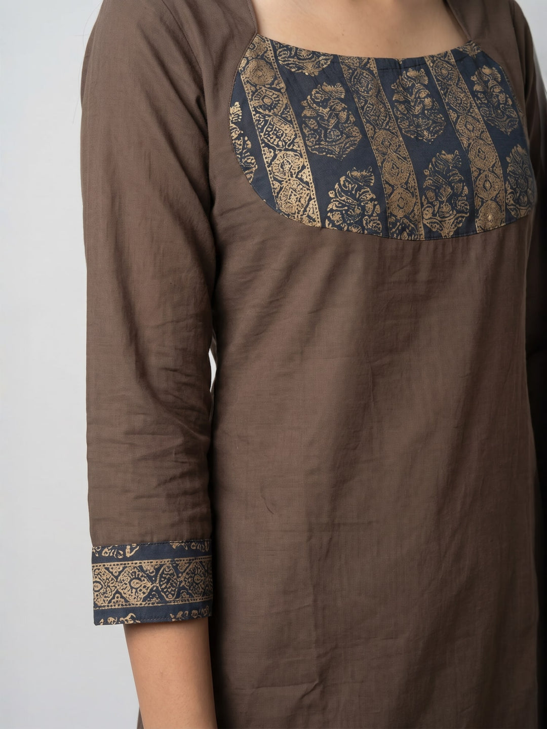 Brown Straight Kurta Set with Contrast Yoke | Round Neck Kurta with Pants