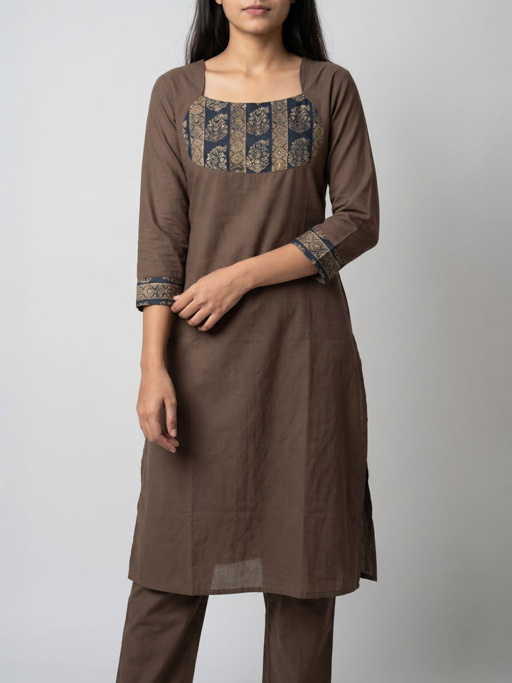 Brown Straight Kurta Set with Contrast Yoke | Round Neck Kurta with Pants