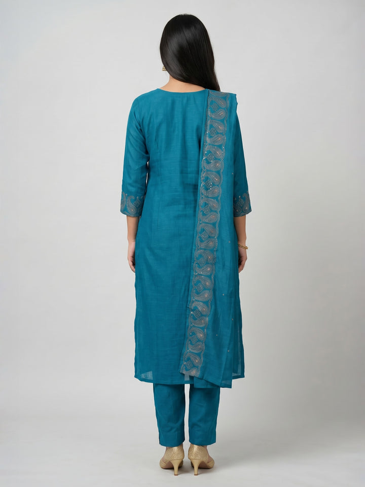 Teal Blue Kurta Set with Dupatta | Embroidered Border Straight Kurta